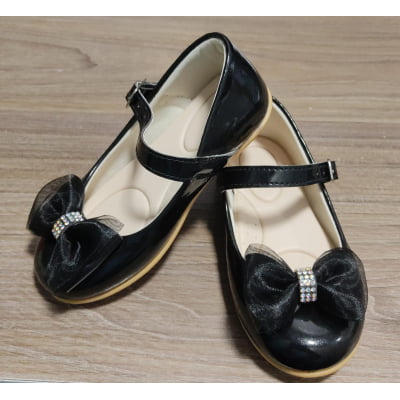 Sapatinho Infantil Preto Verniz C/ Aplique Lacinho Strass