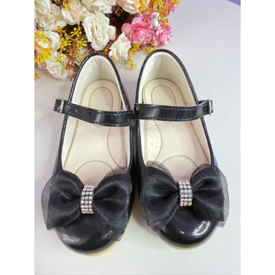 Sapatinho Infantil Preto Verniz C/ Aplique Lacinho Strass