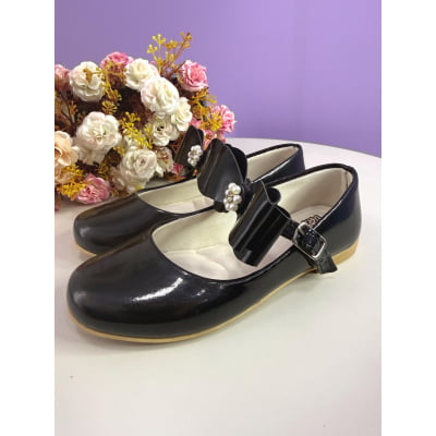 Sapatinho Infantil Preto Verniz com Lacinho e Strass Luxo