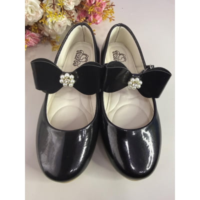 Sapatinho Infantil Preto Verniz com Lacinho e Strass Luxo