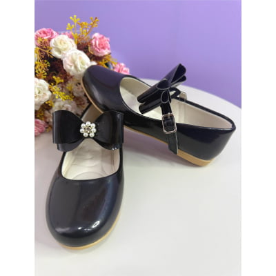 Sapatinho Infantil Preto Verniz com Lacinho e Strass Luxo