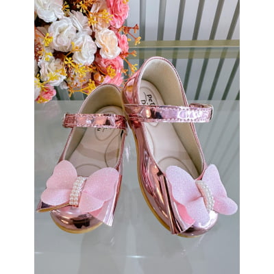 Sapatinho Infantil Rosa Metalizado C/ Aplique Borboleta Luxo