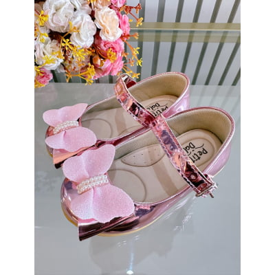 Sapatinho Infantil Rosa Metalizado C/ Aplique Borboleta Luxo