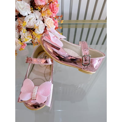Sapatinho Infantil Rosa Metalizado C/ Aplique Borboleta Luxo