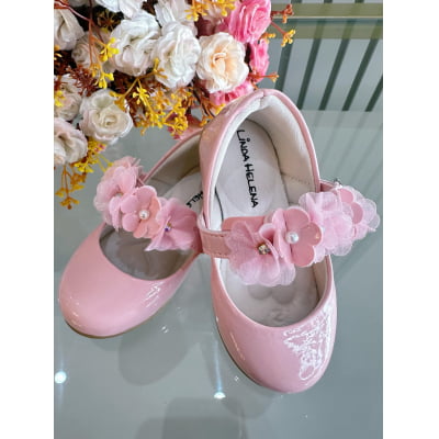 Sapatinho Infantil Rosa Verniz Com Aplique de Flores Luxo