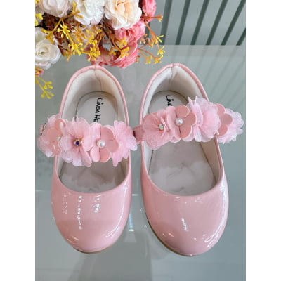 Sapatinho Infantil Rosa Verniz Com Aplique de Flores Luxo