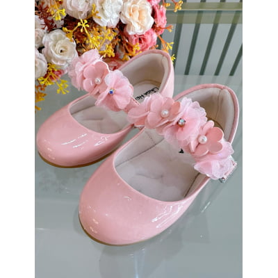 Sapatinho Infantil Rosa Verniz Com Aplique de Flores Luxo