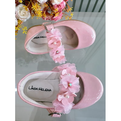 Sapatinho Infantil Rosa Verniz Com Aplique de Flores Luxo