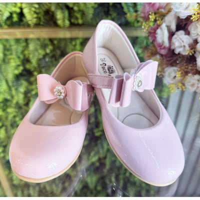 Sapatinho Infantil Rosa Verniz com Lacinho e Strass Luxo
