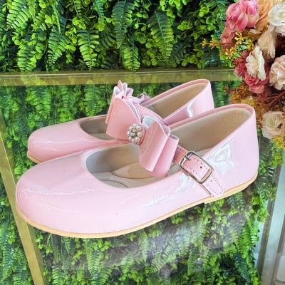 Sapatinho Infantil Rosa Verniz com Lacinho e Strass Luxo