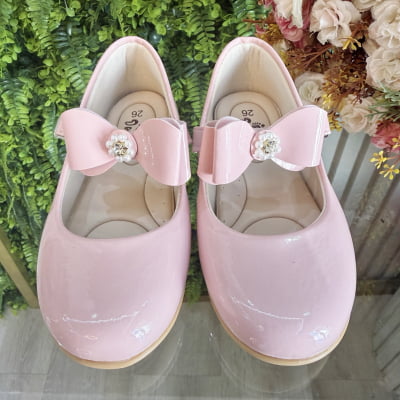 Sapatinho Infantil Rosa Verniz com Lacinho e Strass Luxo