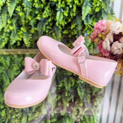 Sapatinho Infantil Rosa Verniz com Lacinho e Strass Luxo