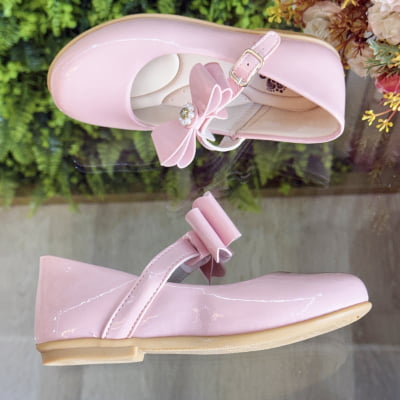 Sapatinho Infantil Rosa Verniz com Lacinho e Strass Luxo