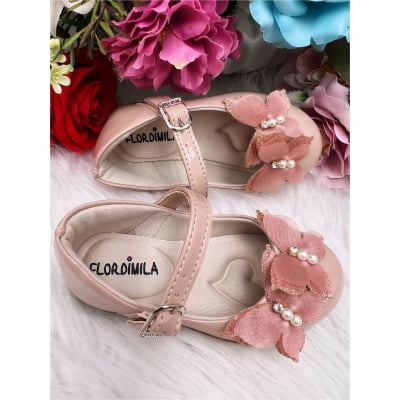 Sapatinho Nude Verniz C/ Aplique Borboleta Luxo Glitter