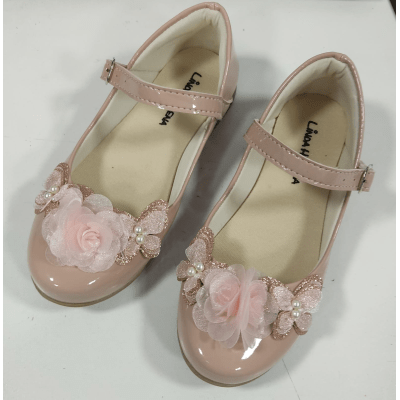 Sapatinho Nude Verniz C/ Aplique de Borboleta Flor Rosa Luxo