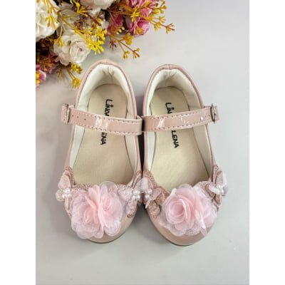 Sapatinho Nude Verniz C/ Aplique de Borboleta Flor Rosa Luxo