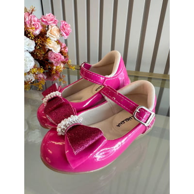 Sapatinho Pink Verniz C/ Aplique de Lacinho e Strass Glitter