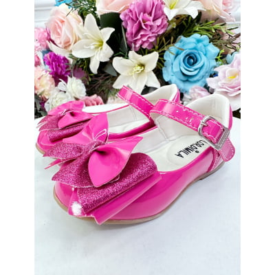 Sapatinho Pink Verniz Com Lacinho e Glitter Super Luxo