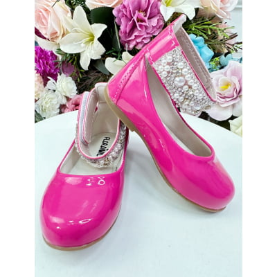 Sapatinho Pink Verniz de Tornozeleira com Pérolas e Strass