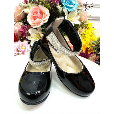 Sapatinho Preto com Tornozeleira Pérolas e Strass