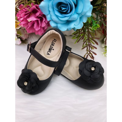 Sapatinho Preto Fosco Flor e Strass