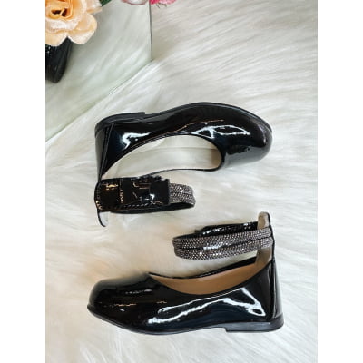 Sapatinho Preto Tiras Com Strass e Aplique de Lacinho