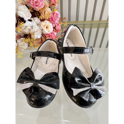 Sapatinho Preto Verniz Aplique de Lacinho Com Strass Luxo