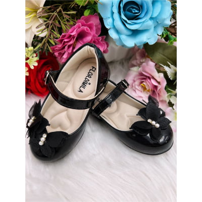 Sapatinho Preto Verniz C/ Aplique Borboleta Luxo Glitter