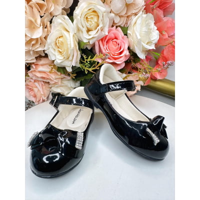 Sapatinho Preto Verniz Com Aplique Lacinho e Strass