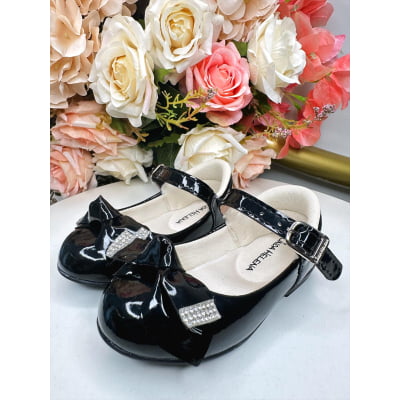 Sapatinho Preto Verniz Com Aplique Lacinho e Strass