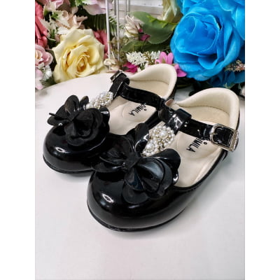 Sapatinho Preto Verniz de Lacinho C/ Pérolas e Strass Luxo