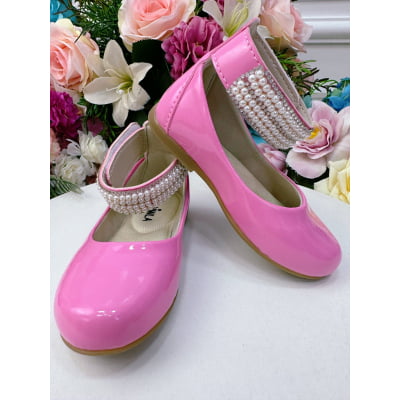 Sapatinho Rosa Chiclete com Tornozeleira Pérolas e Strass