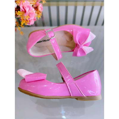 Sapatinho Rosa Chiclete Verniz Com Aplique de Lacinho Luxo