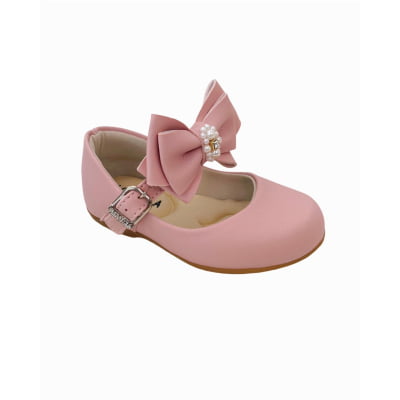 Sapatinho Rosa Fosco Laço Pérolas e Strass