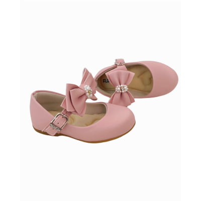 Sapatinho Rosa Fosco Laço Pérolas e Strass