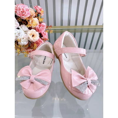 Sapatinho Rosa Verniz Aplique de Lacinho Com Strass Luxo
