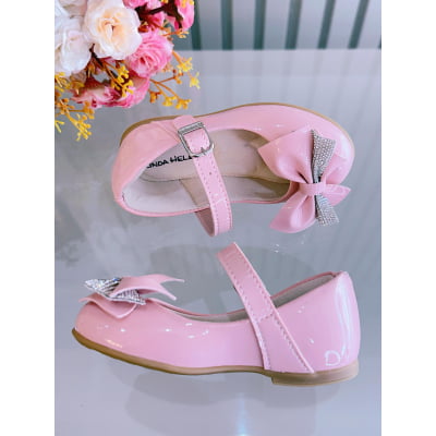 Sapatinho Rosa Verniz Aplique de Lacinho Com Strass Luxo