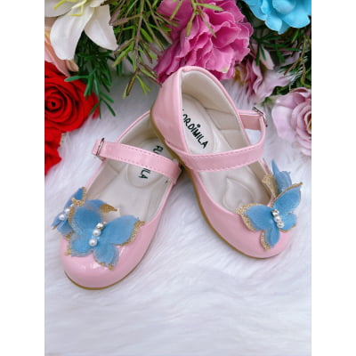 Sapatinho Rosa Verniz C/ Aplique de Borboleta Glitter Luxo