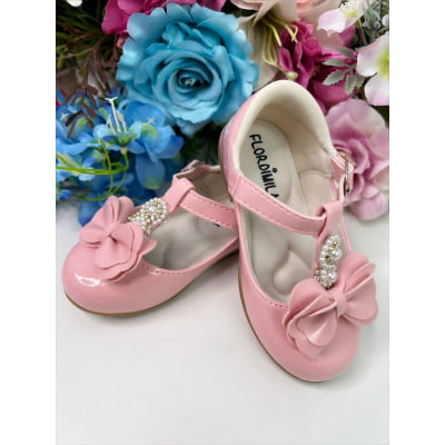 Sapatinho Rosa Verniz de Lacinho C/ Pérolas e Strass Luxo