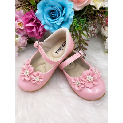 Sapatinho Rosa Verniz Flor Pérolas e Strass