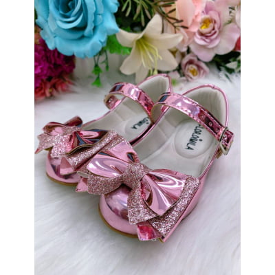 Sapatinho Rose Metalizado C/ Lacinho Glitter Super Luxo