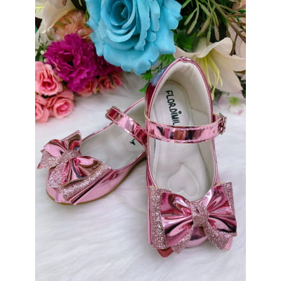 Sapatinho Rose Metalizado C/ Lacinho Glitter Super Luxo