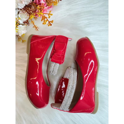 Sapatinho Vermelho Tiras Com Strass e Aplique de Lacinho