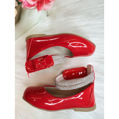 Sapatinho Vermelho Tiras Com Strass e Aplique de Lacinho