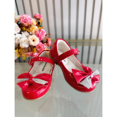 Sapatinho Vermelho Verniz Aplique de Lacinho Com Strass Luxo