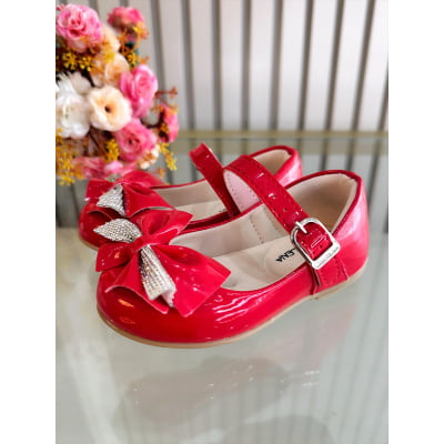 Sapatinho Vermelho Verniz Aplique de Lacinho Com Strass Luxo