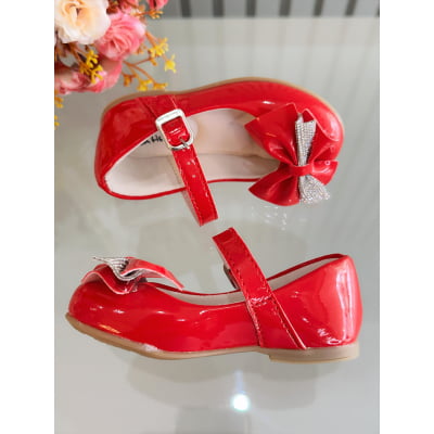 Sapatinho Vermelho Verniz Aplique de Lacinho Com Strass Luxo
