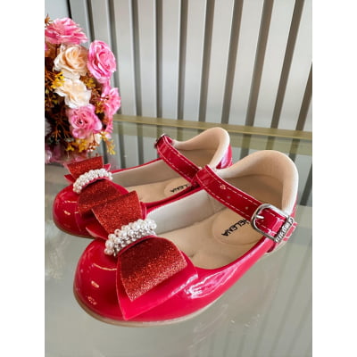 Sapatinho Vermelho Verniz Aplique de Lacinho Strass Glitter