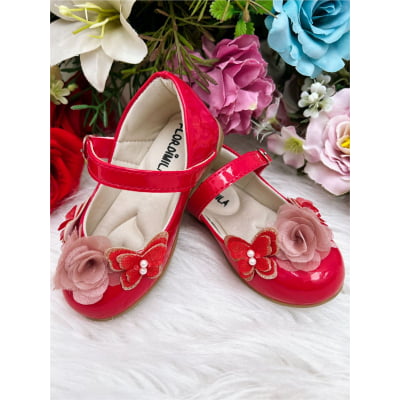 Sapatinho Vermelho Verniz C/ Aplique Borboleta Flor