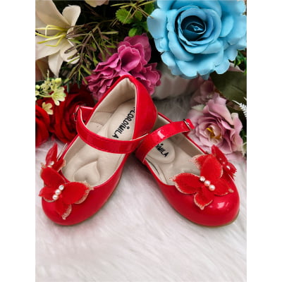 Sapatinho Vermelho Verniz C/ Aplique Borboleta Luxo Glitter